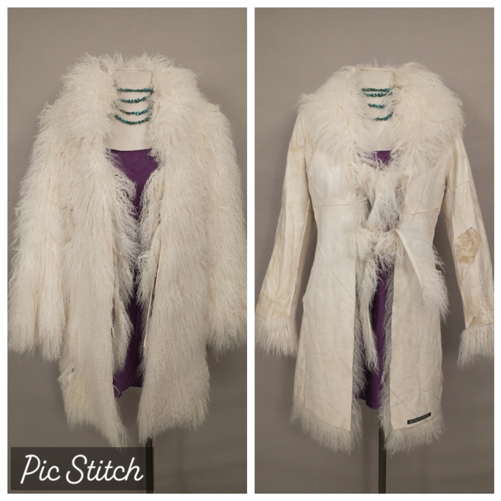 White Mongolian Curly Lamb Fur Coat Reversible to Patchwork Jacket Fun Sexy Real